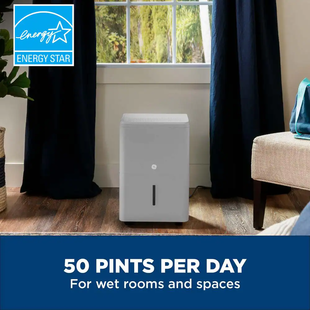 GE 50-Pint Dehumidifier with Built-in Pump for Basement, Garage or Wet Rooms up to 4500 sq. ft. in Grey, ENERGY STAR