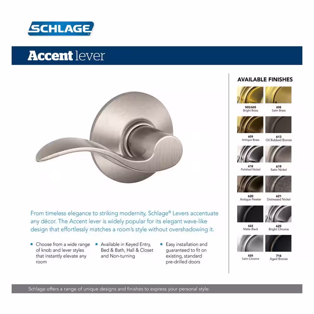 Schlage Accent Satin Nickel Right Handed Dummy Door handle with Camelot Trim