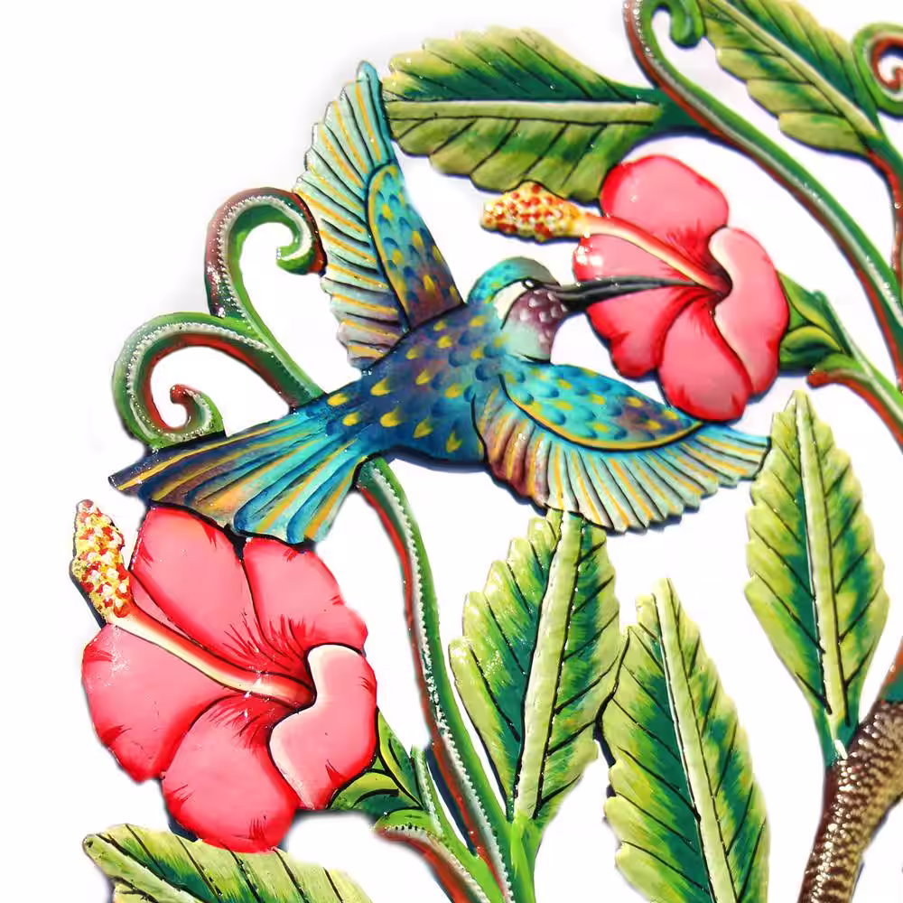 None Indoor/Outdoor Hummingbirds and Flowers Haitian Steel Drum Wall Art