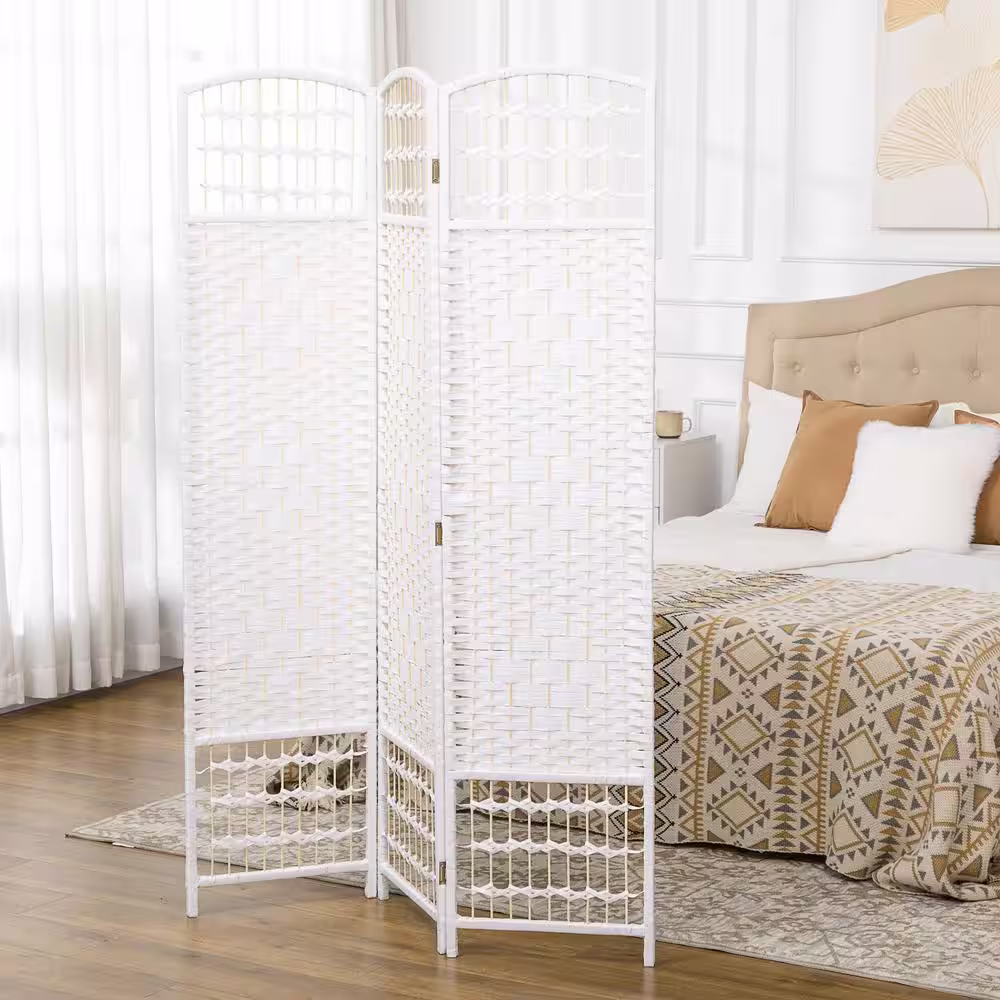 HOMCOM 3-Panel Room Divider, 5.6 ft. Tall Folding Privacy Screen, Wave Fiber Freestanding Partition Wall Divider, White