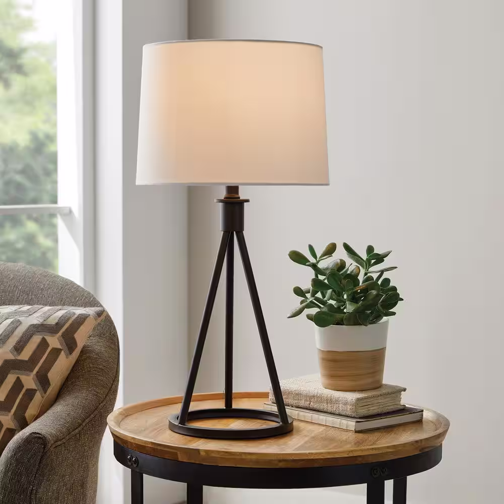 Hampton Bay Higgins 23.75 in. Black Tripod Table Lamp with Round Base