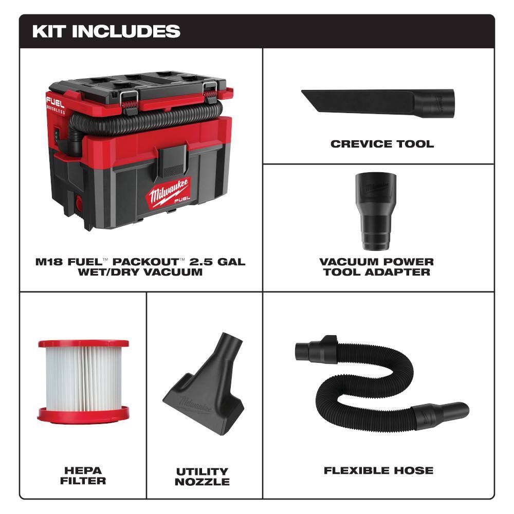 Milwaukee M18 FUEL PACKOUT 18-Volt Lithium-Ion Cordless 2.5 Gal. Wet/Dry Vacuum with M18 HIGH OUTPUT 6.0Ah Battery & Rapid Charger
