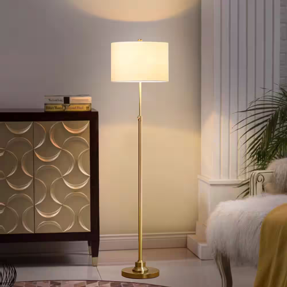 KAWOTI 63.5 in. Antique Brass Adjustable Standard Floor Lamp with White Linen Shade
