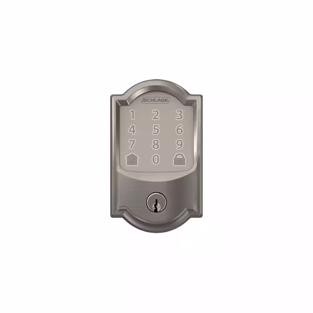 Schlage Camelot Satin Nickel Encode Smart Wi-Fi Deadbolt with Alarm and Camelot Handle Set with Accent Handle with Camelot Trim