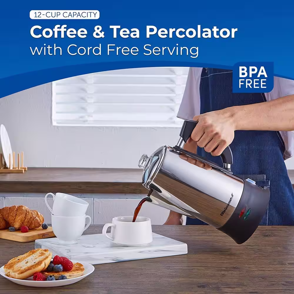 Elite Gourmet 12-Cup Elcteric Coffee Percolator Clear Brew Progress Knob Cool-Touch Handle Cord-less Serve