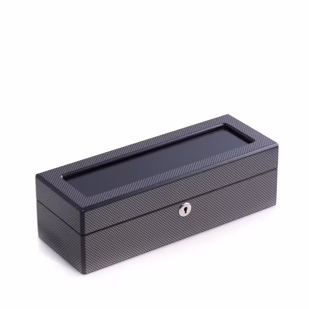 BEY-BERK Lacquered Carbon Fiber Steel Gray 5-Watch Case with See-Thru Glass Top, Black Velour Lined and Key Lock