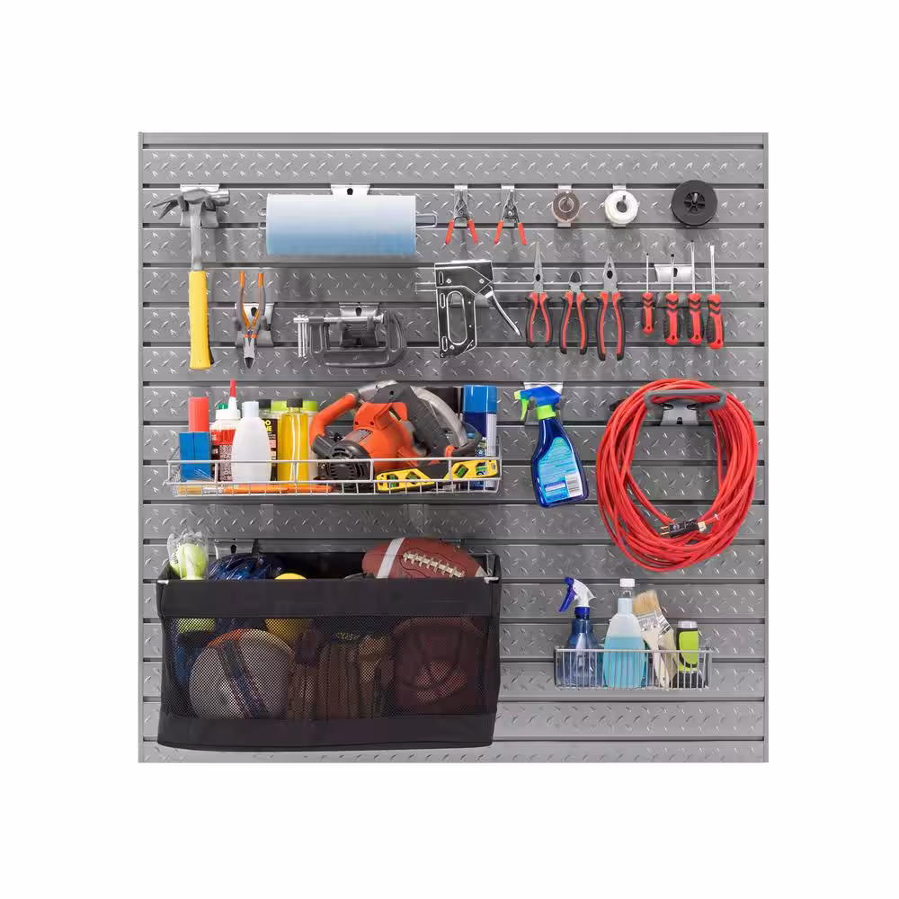 NewAge Products Pro Series 3.0 16 sq. ft. 48 in. W x 24 in. H Steel Slatwall with Backsplash Hook Kit - Large (40-piece)