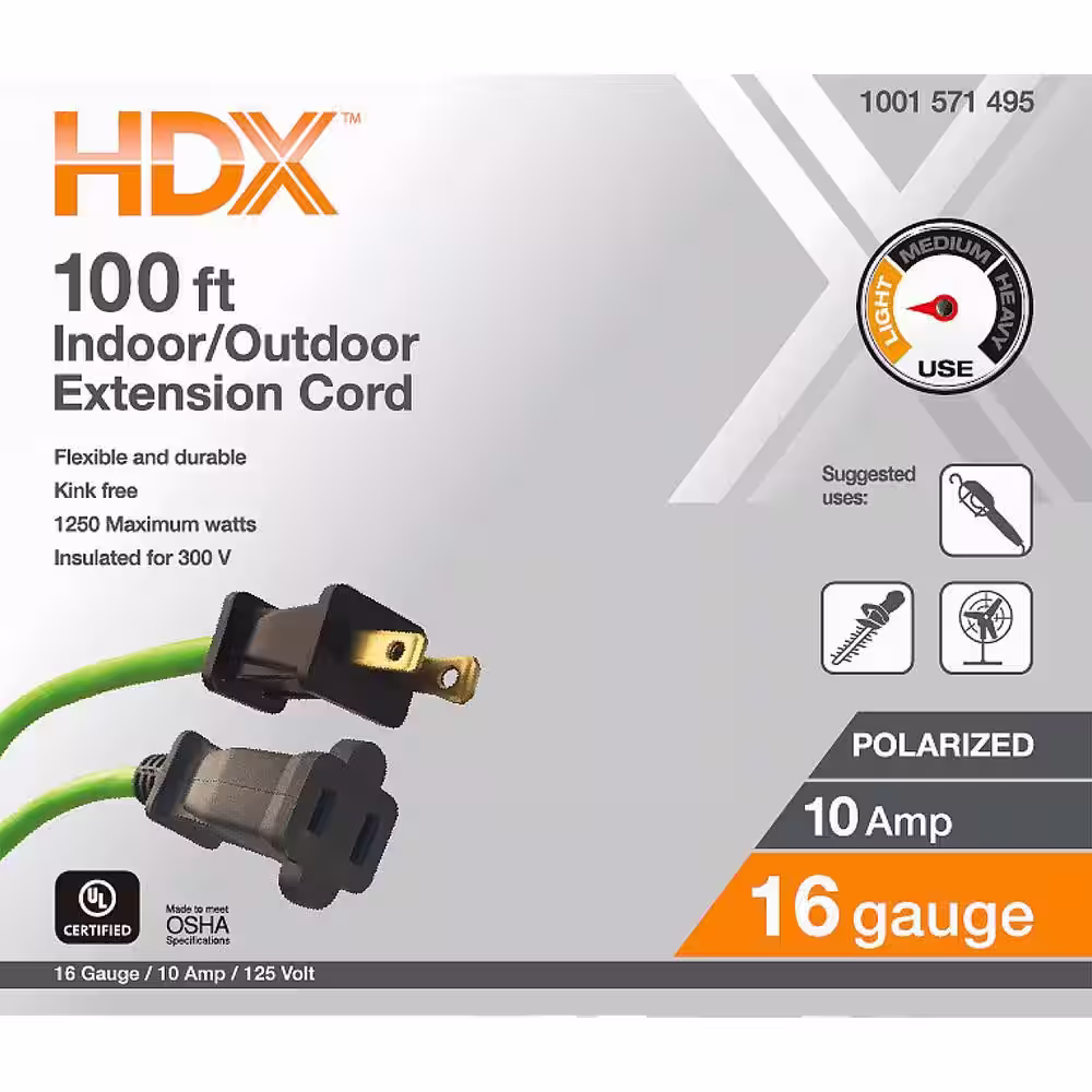 None 100 ft. 16/2 Light Duty Indoor/Outdoor Extension Cord, Green
