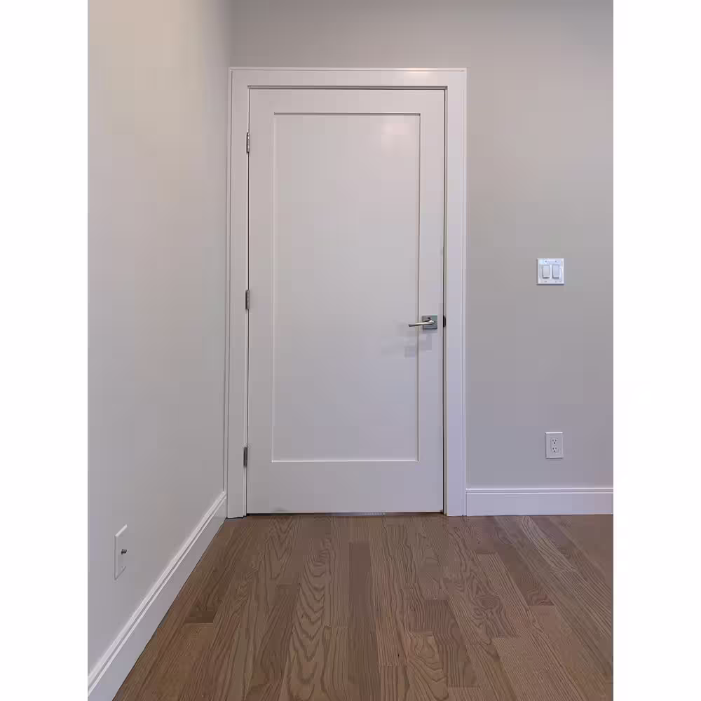 None 34 In. x 80 In.Left-Handed Solid Core Primed White Composite Single Pre-hung Interior Door Satin Nickel Hinges