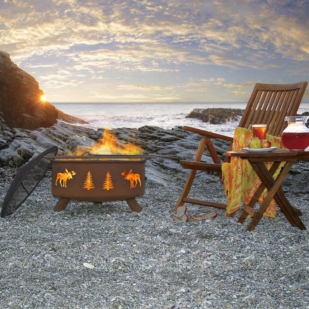 None Moose and Trees 29 in. x 18 in. Round Steel Wood Burning Fire Pit in Rust with Grill Poker Spark Screen and Cover