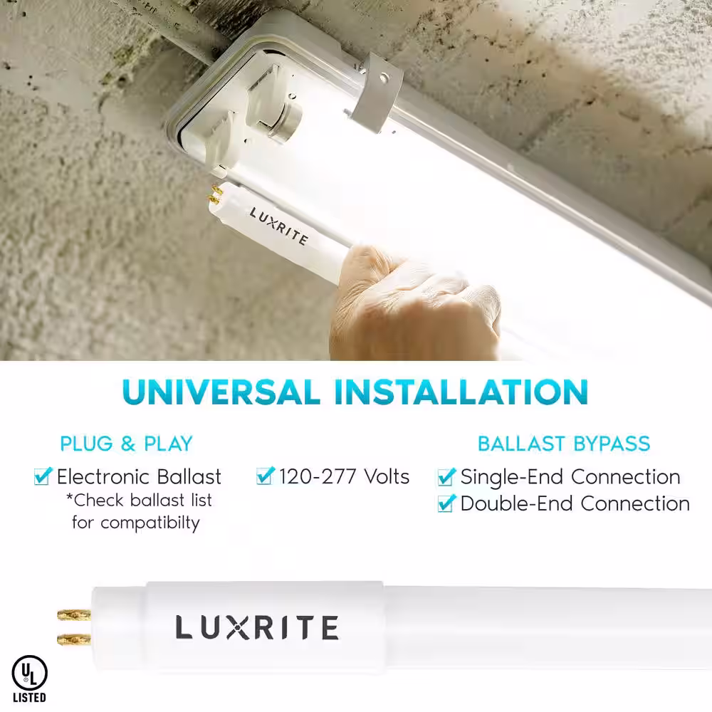 LUXRITE 24-Watt 4 ft. Linear T5 LED Tube Light Bulb 3000K Soft White Type A+B Ballast and Ballast Bypass 3000 Lumens (12-Pack)