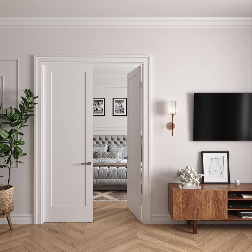 RESO 68 In. x 96 In.Bi-Parting Solid Core Primed White Composite Double Pre-hung French Door Catch Ball Black Hinges