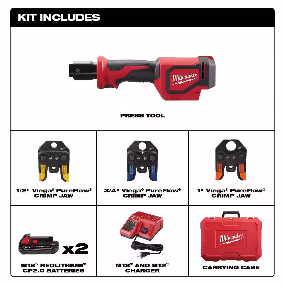 Milwaukee M18 18V Lithium-Ion Cordless Short Throw Press Tool Kit and M18 FUEL 18V Lithium-Ion Cordless 1/4 in Hex Impact Driver