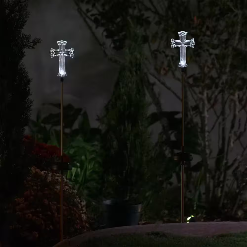Alpine Corporation 34 in. Tall Outdoor Solar Powered Cross Clear LED Path Light Stakes (Set of 2)