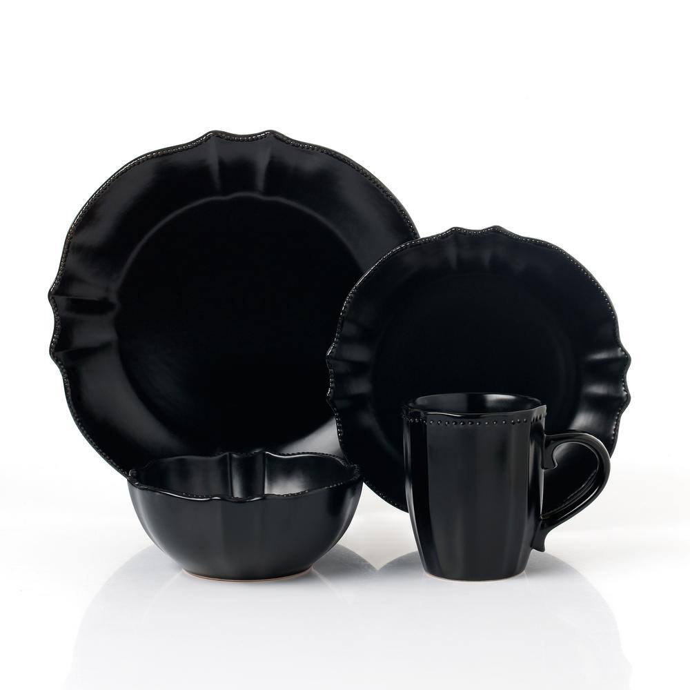 Lorren Home Trends 16 Piece Stoneware Scalloped Edge Black Dinnerware (Service for 4)