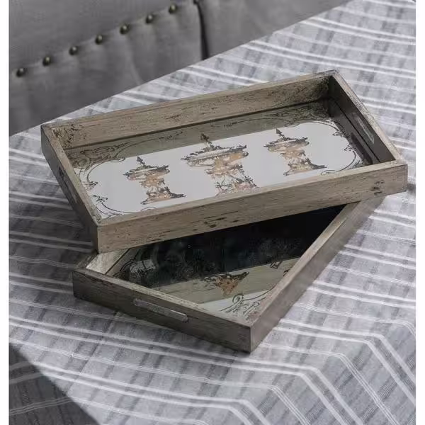A & B Home Greta Rectangular Glass and Wood Natural Large Trays