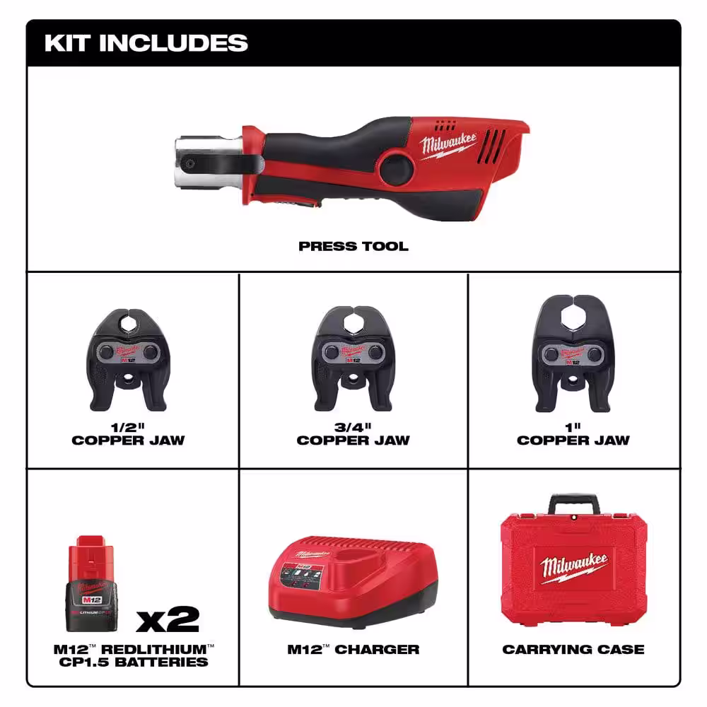 Milwaukee M12 12-Volt Lithium-Ion Force Logic Cordless Press Tool Kit (3 Jaws Included) with M12 Fuel Combo Kit
