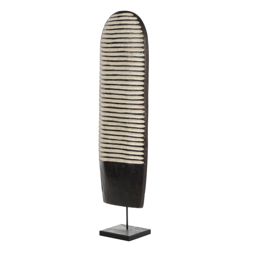 Litton Lane Hand-Carved Black and White Oval Baobab Wood Tikar Shield on Stand