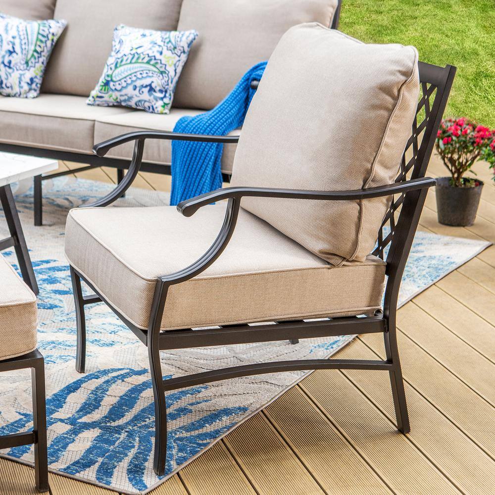 None Black Meshed 9-Seat 7-Piece Metal Outdoor Patio Conversation Set with Beige Cushions and 2 Ottomans