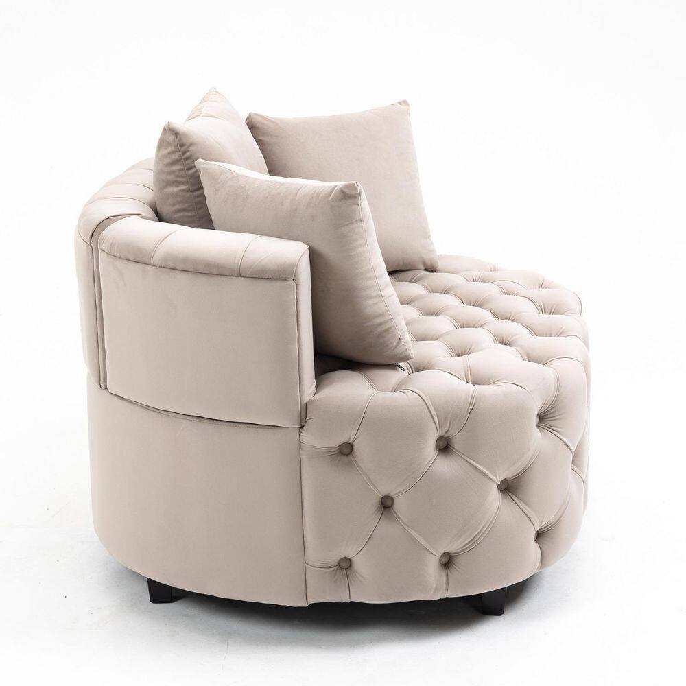 None Modern Beige Velvet Leisure Classical Barrel Chair with Wooden Legs