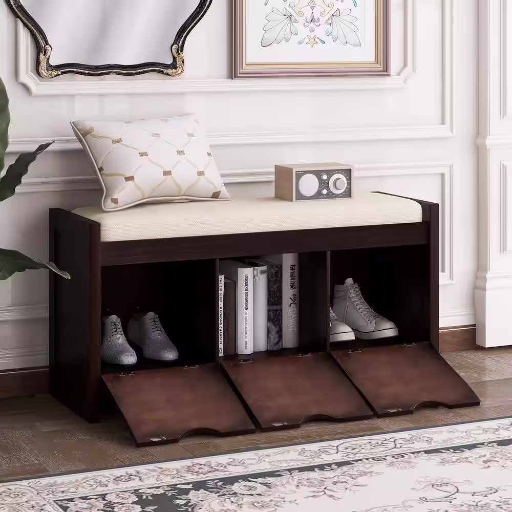 aisword Storage Bench Entryway Espresso with Removable Cushion and 3-Flip Lock Storage Cubbies for Living Room