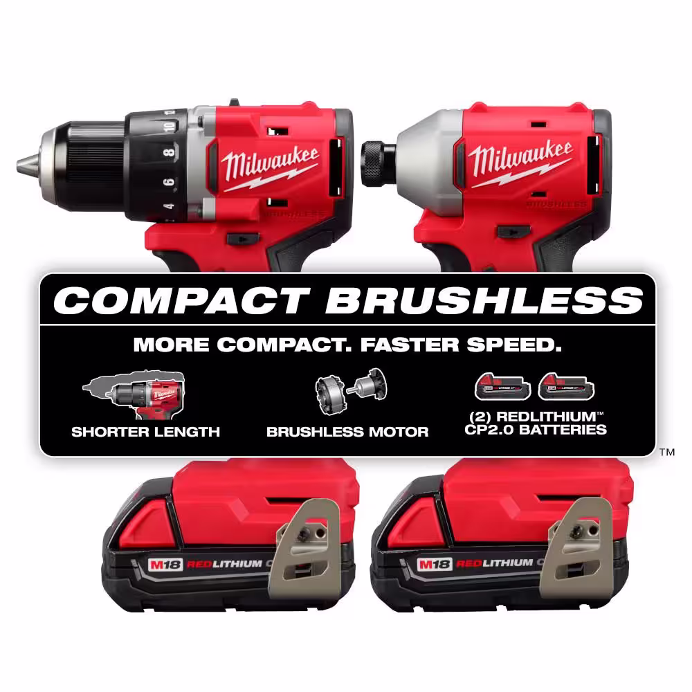 Milwaukee M18 18V Lithium-Ion Brushless Cordless Compact Drill/Impact Combo Kit with SHOCKWAVE Screwdriving Drill Bit Set