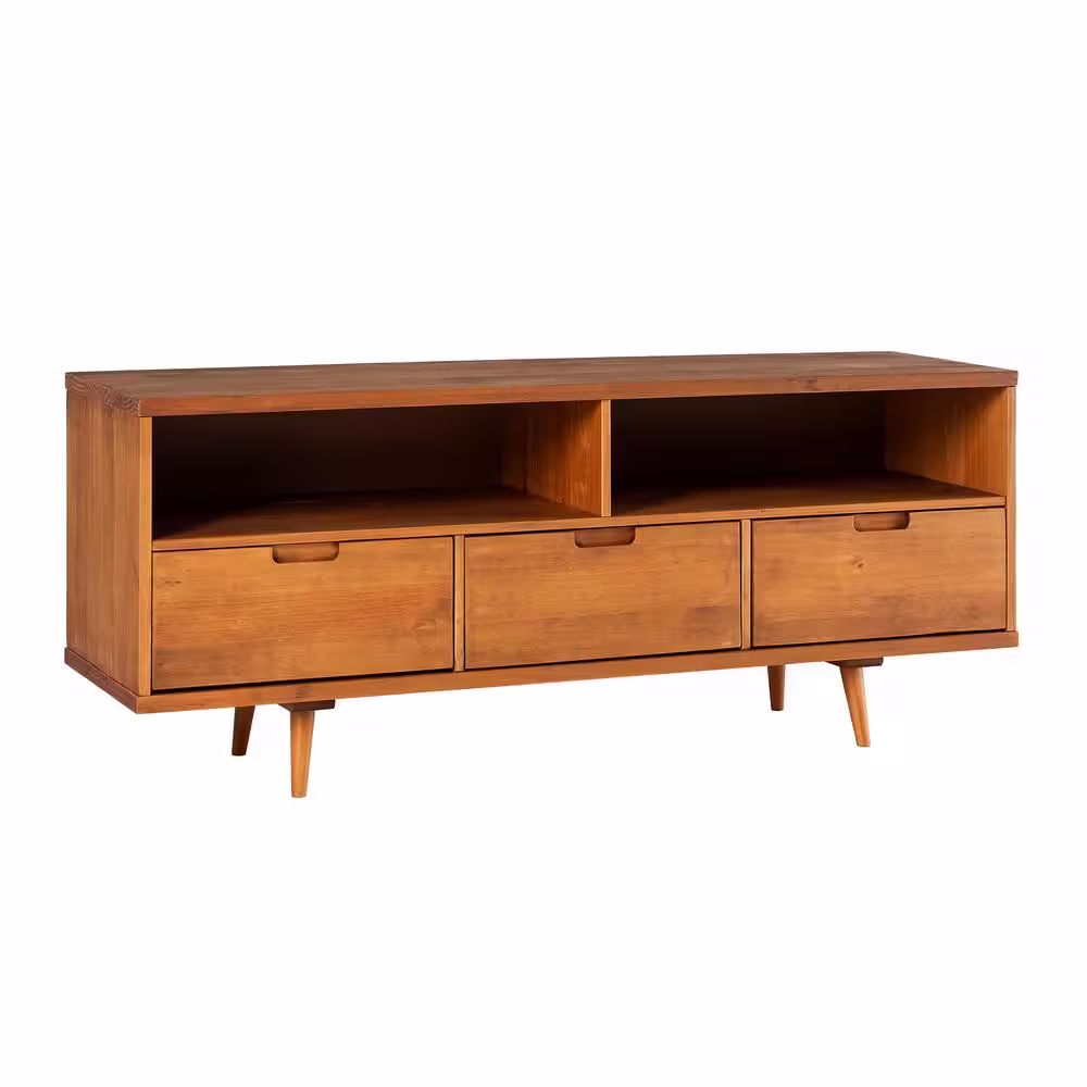 Walker Edison Furniture Company Ivy 58 in. Caramel Wood TV Stand with 3 Drawers Fits TVs Up to 64 in. with Cable Management