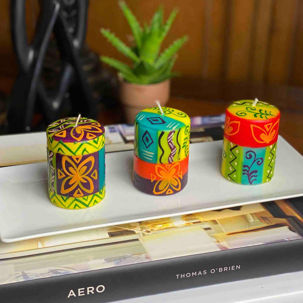 None Unscented Hand-Painted Yellow Votive Candles, Boxed Set of 3 (Matuko Design)
