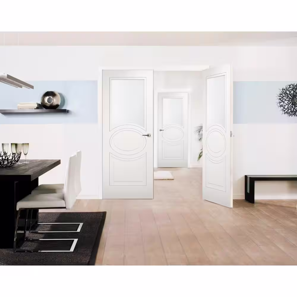 VDOMDOORS 7012 48 in. x 80 in. Universal Handling 1/2-Lite Frosted Glass Solid White Finished Pine MDF Double Prehung French Door