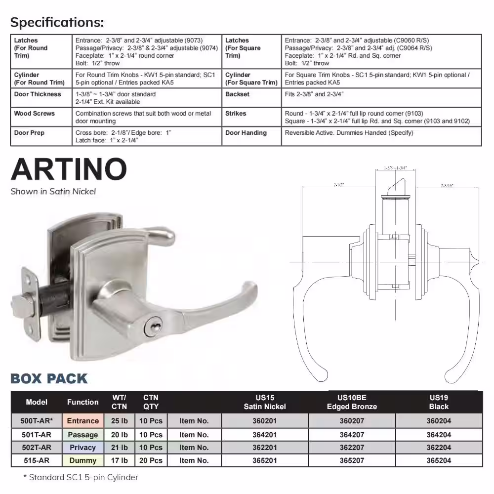 DELANEY HARDWARE Italian Collection Artino Black Hall/Closet Door Handle