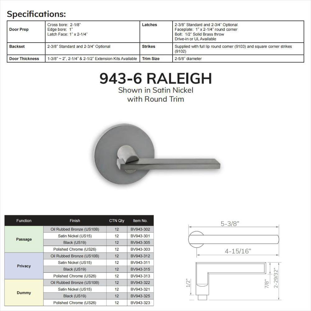 None Bravura Raleigh 943-6 Dummy Door Lever Satin Nickel w/ round trim