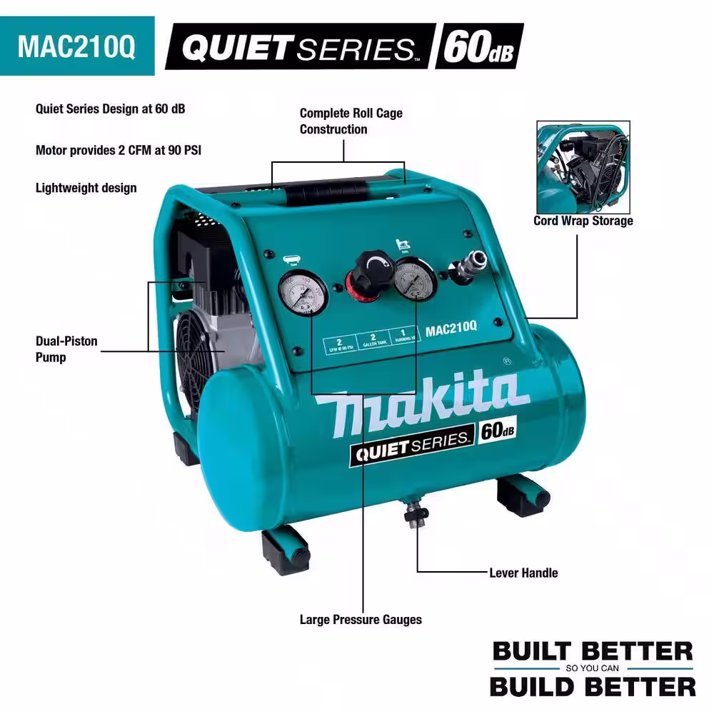 Makita Quiet Series 2 Gal. 1 HP Oil-Free Electric Air Compressor with bonus Pneumatic 15-Gauge, 2-1/2 in. Angled Finish Nailer