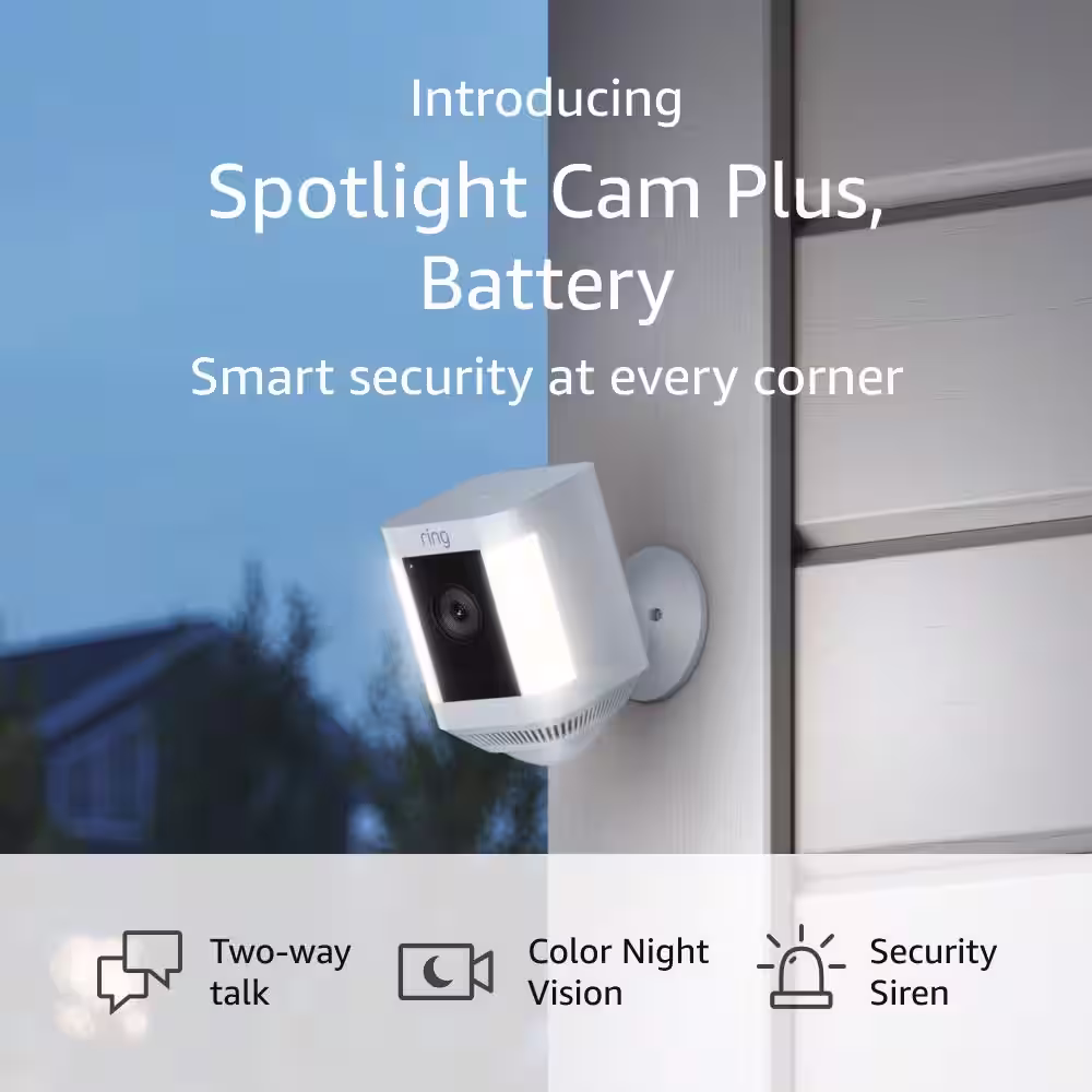 Ring Spotlight Cam Plus, Battery - Smart Security Video Camera with LED Lights, 2-Way Talk, Color Night Vision, White