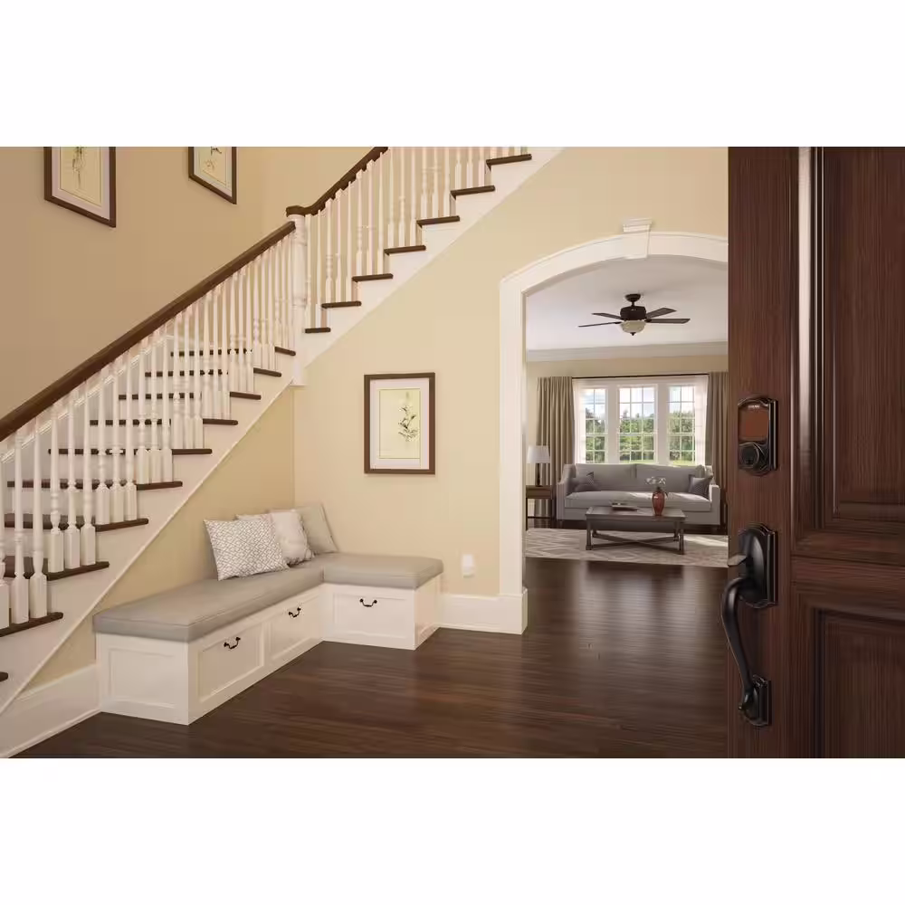 Schlage Camelot Aged Bronze Sense Smart Door Lock and Camelot Aged Bronze Entry Door Handleset with Georgian Door Knob