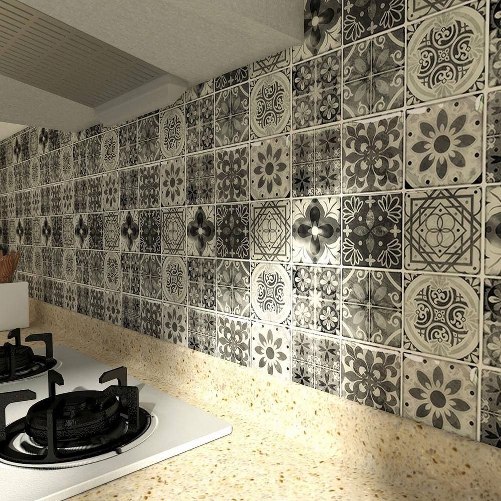 LONGKING 11.8 in. x 11.8 in. Vinyl Peel and Stick Decorative Wall Tile Backsplash in Gray Talavera Design (10 Pack)