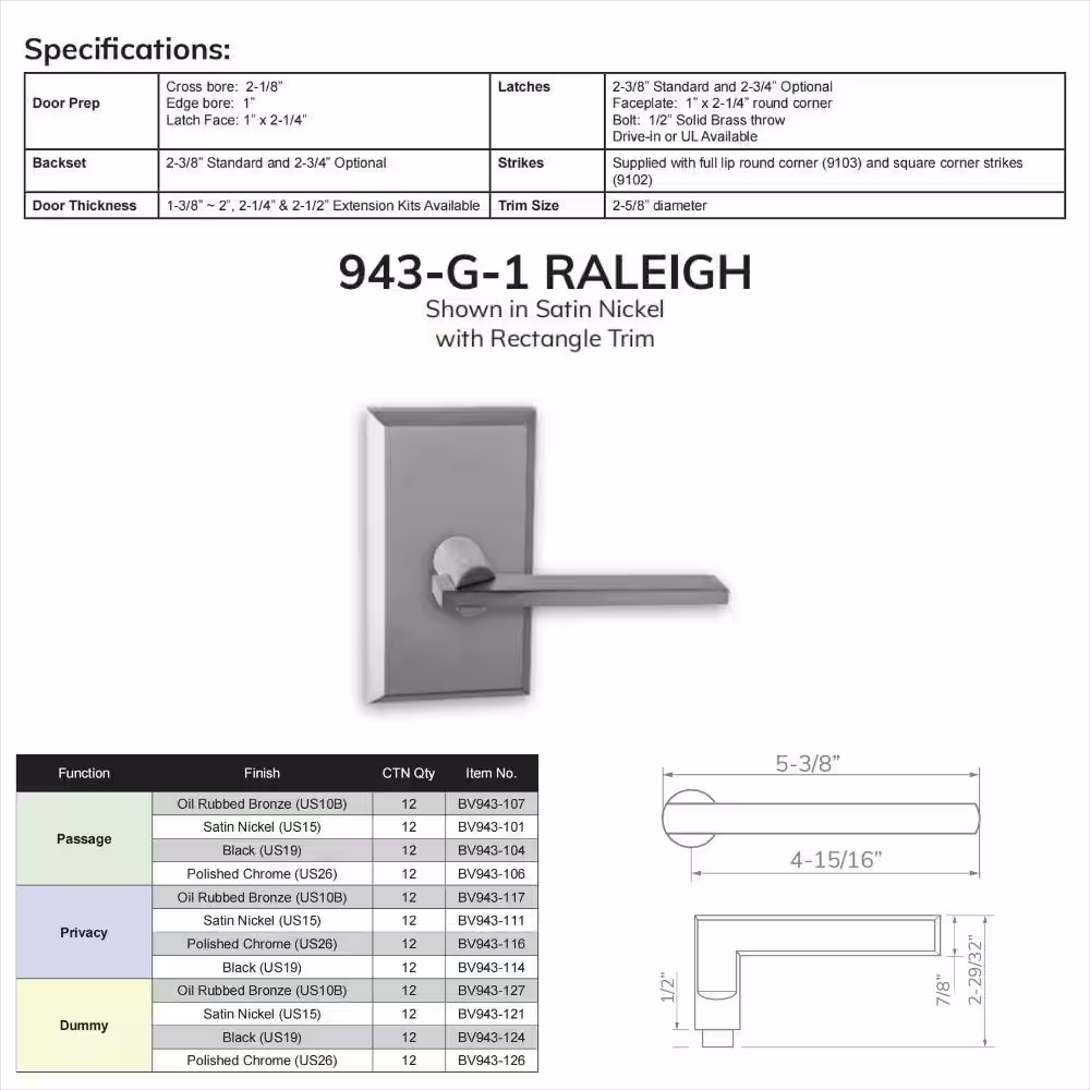 None Bravura Raleigh 943G-1 Passage (Hall/Closet) Door Lever Bright Chrome w/ Rectangle Trim