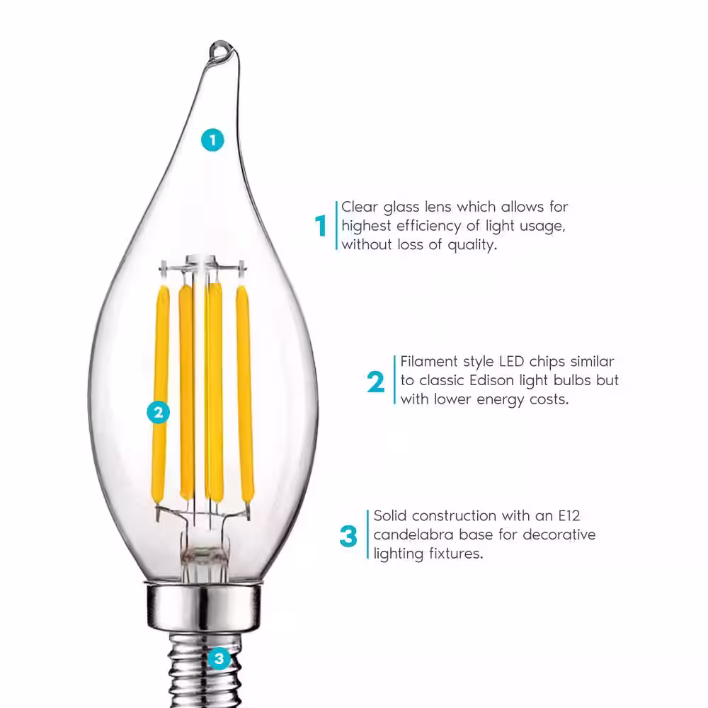 LUXRITE 60-Watt Equivalent CA11 Dimmable LED Light Bulbs Flame Tip Clear Glass Filament 2700K Warm White (6-Pack)