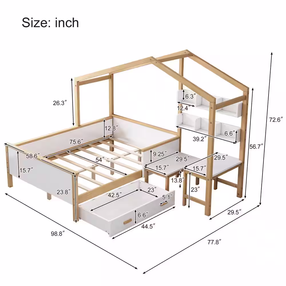 Harper & Bright Designs White Multifunctional Full Size Wood House Bed with Big Drawer, Bookshelf, Built-in Desk and Chair