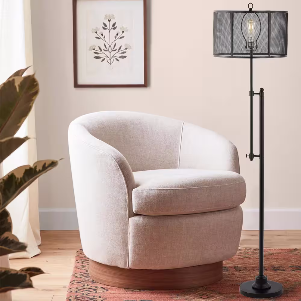 JONATHAN Y Noah 64.5 in. Black Modern Industrial Iron Height-Adjustable LED Floor Lamp