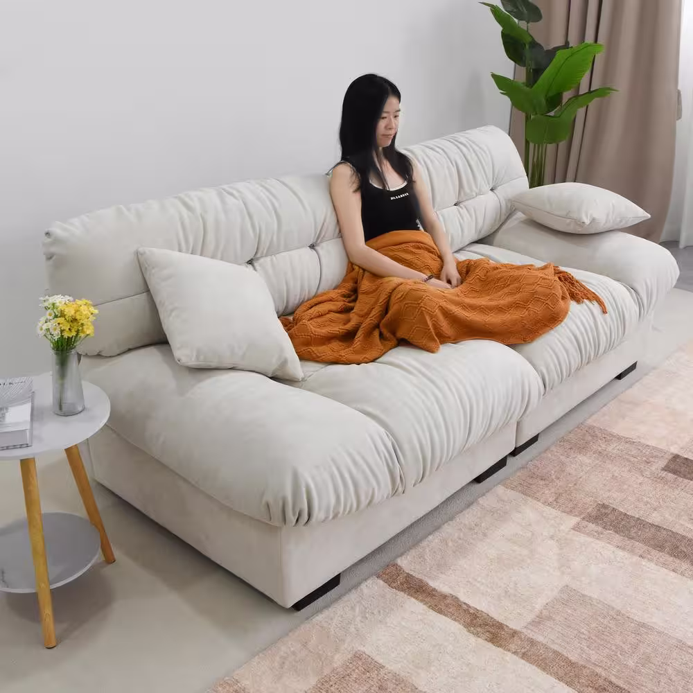 J&E Home 89 in. W Square Arm Velvet Rectangle 3-Seats Modern Cloud Sofa in Beige