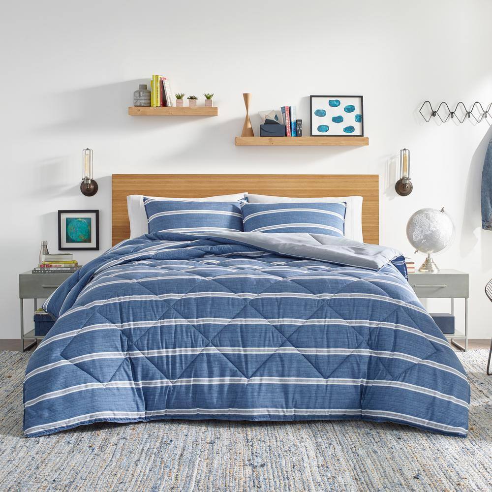 Nautica Keller 2-Piece Blue Striped Plush Microfiber Twin/Twin XL Comforter Set