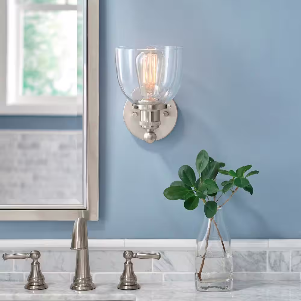 Home Decorators Collection Evelyn 6 in. 1-light Brushed Nickel Modern Industrial indoor wall sconce with Clear Glass Shade