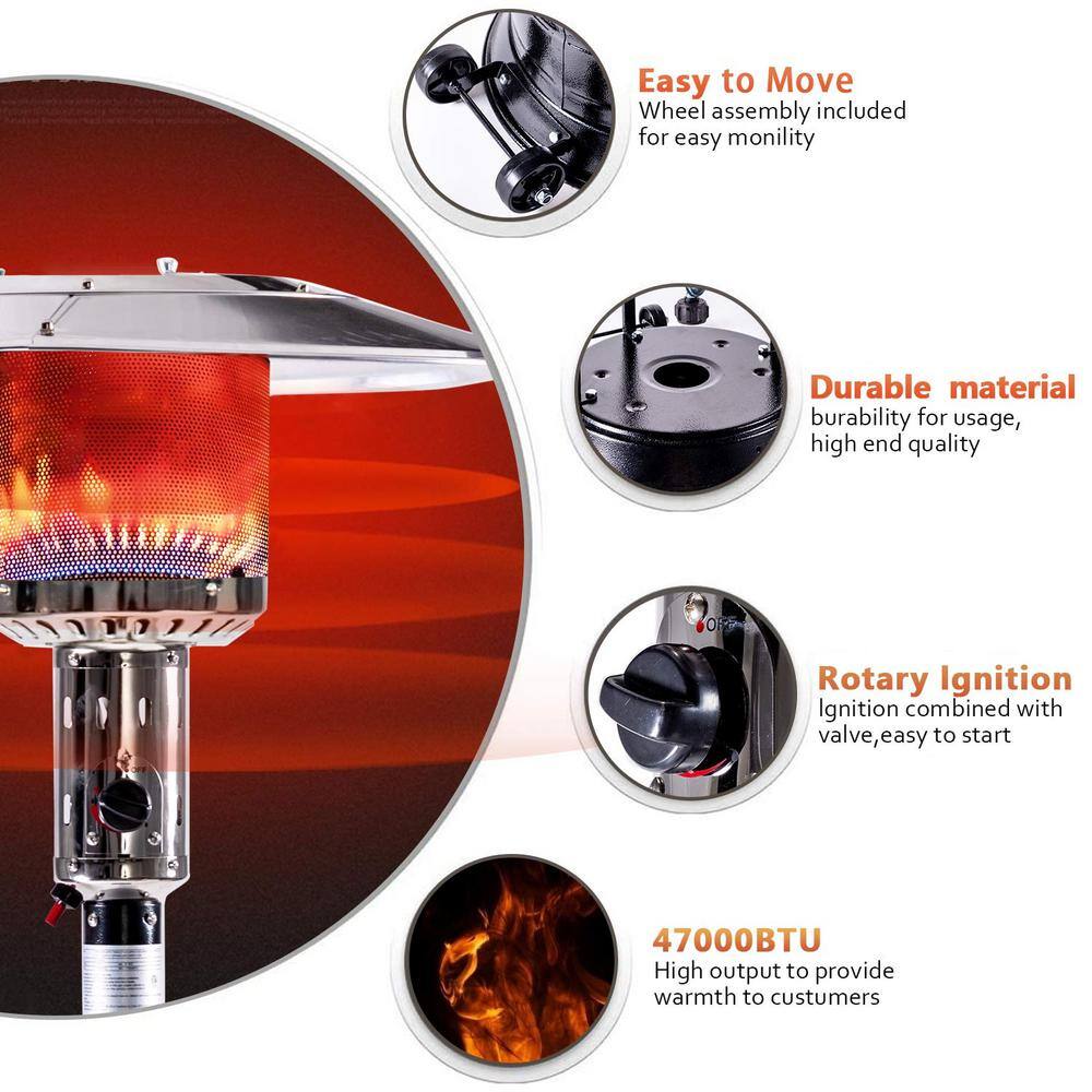 None 88 in. 47,000 BTU Outdoor Patio Stainless Black Steel Propane Heater with Portable Wheels Standing Gas Outside Heater
