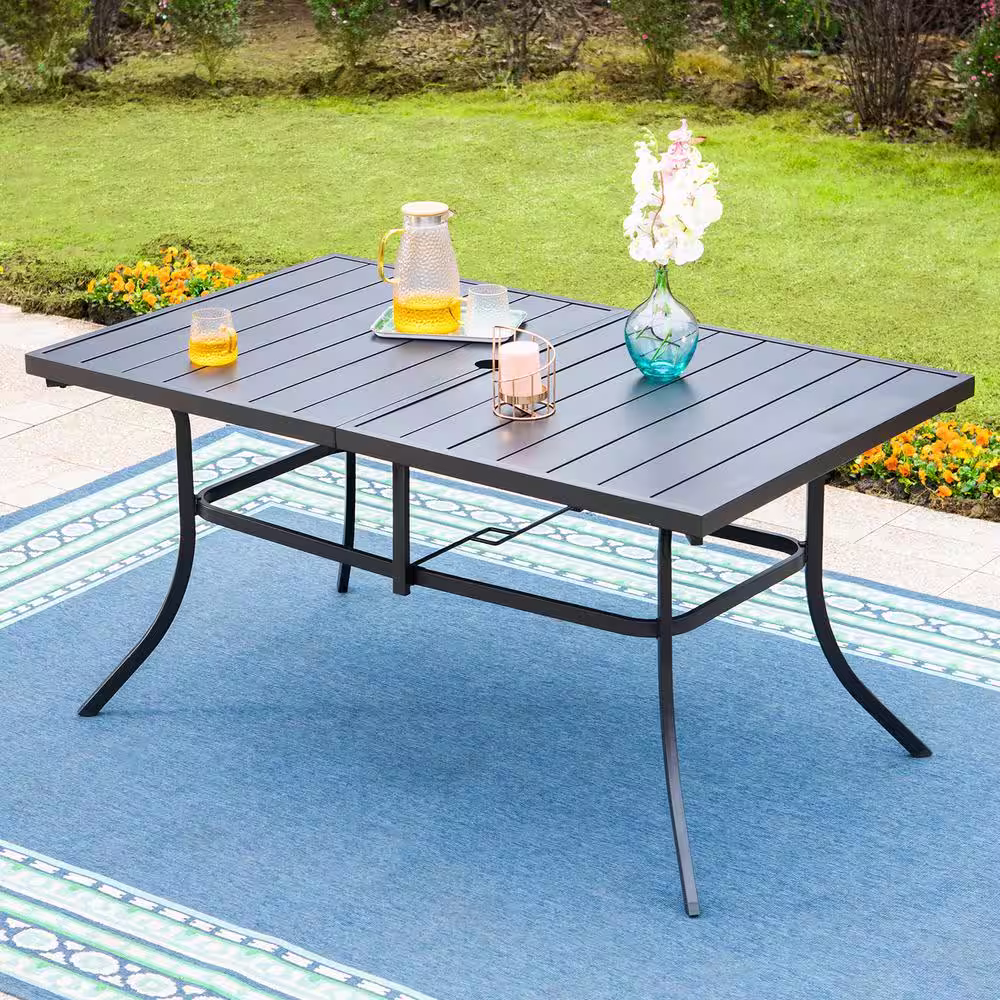 PHI VILLA Black 7-Piece Metal Patio Outdoor Dining Set with Rectangle Table and Stylish Arm Chairs with Beige Cushion