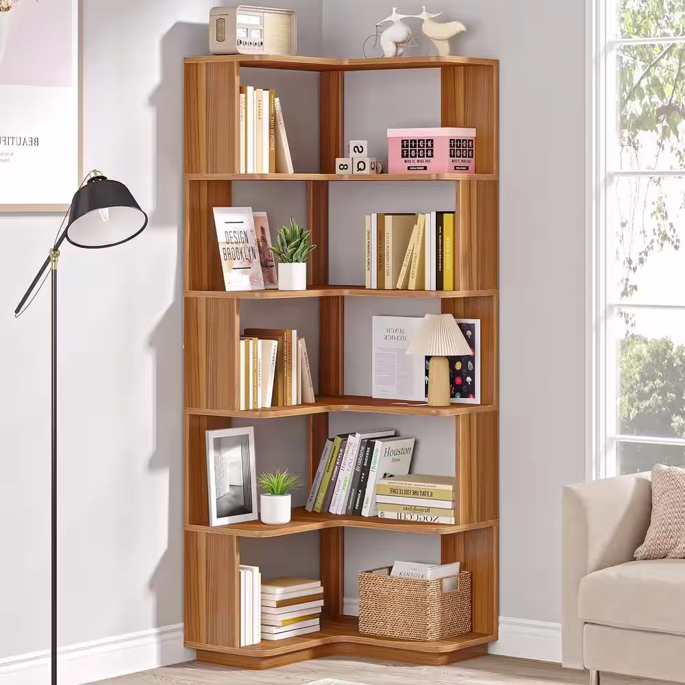 TRIBESIGNS WAY TO ORIGIN Jannelly 65 in. Brown Engineered Wood 6-Shelf Corner Standard Bookcase Bookshelf with Anti-Drop Panel