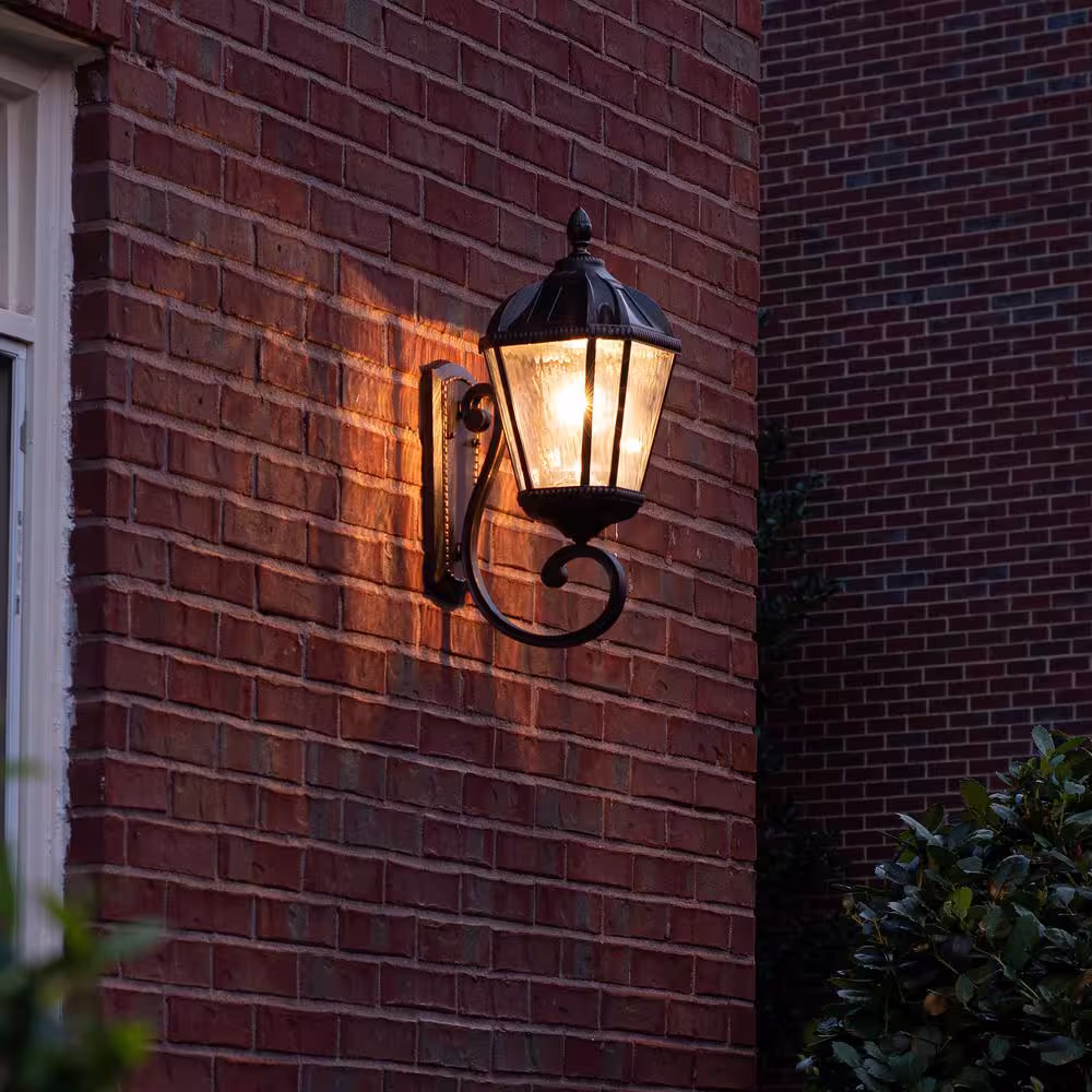 GAMA SONIC Royal Bulb Brushed Bronze Cast Aluminum Solar Wall Sconce Light with Clear Rain Glass