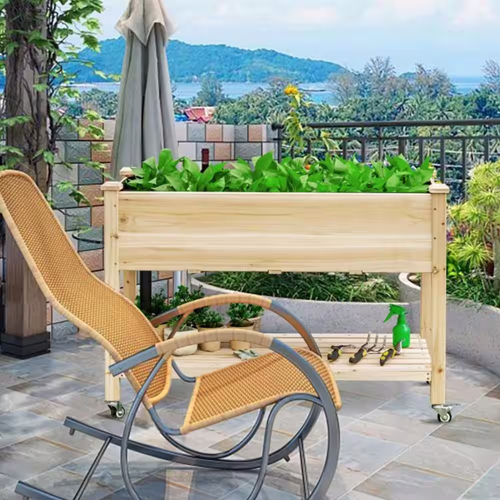 Ejoy 48 in. x 30 in. x 20 in. Wooden Elevated Planter with Shelf and Wheels (Set of 2-Pack)