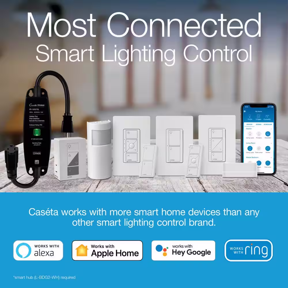 Lutron Caseta Smart Lighting Lamp Dimmer for Table Lamps, 100W LED Bulbs (PD-3PCL-WH)