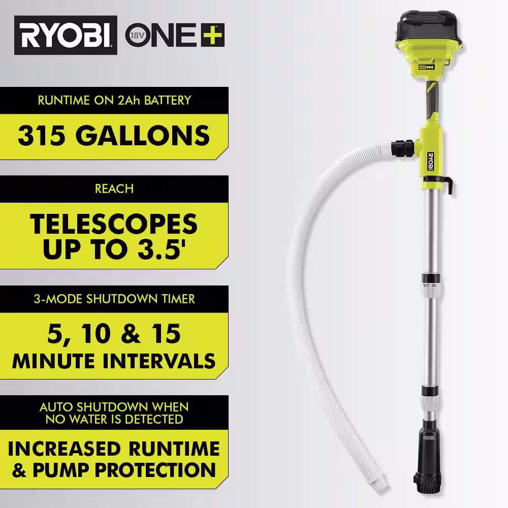 RYOBI (2) ONE+ 18V Cordless 1/6 hp. Telescoping Pole Pumps with (2) 2.0 Ah Battery and (2) Chargers