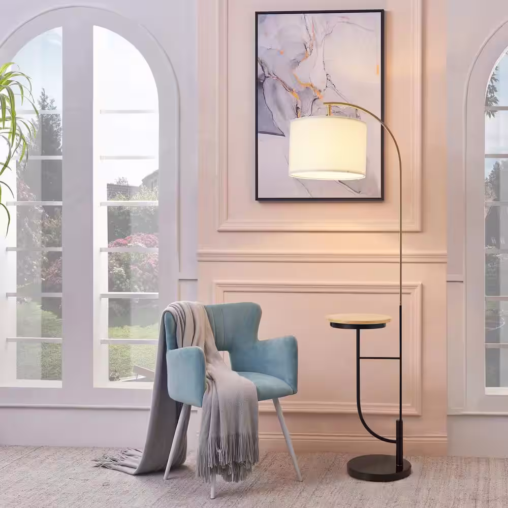 Teamson Home Danna 65 in. H White Arc Floor Lamp with USB Port, Wood Table, Marble Base